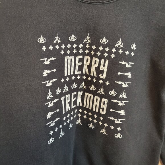 Merry Trekmas Star Trek Christmas Sweatshirt S 34-36 Black Starfleet Hanes Pro - Picture 4 of 8